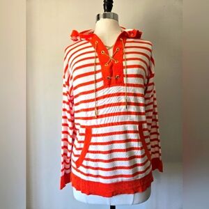 MICHAEL KORS Striped Orange and White Hooded Sweater With Gold Chain. Medium